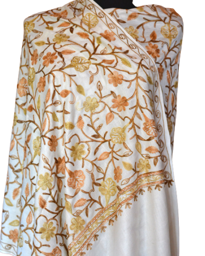 Szal z wełny kaszmirskiej wyszywany biały