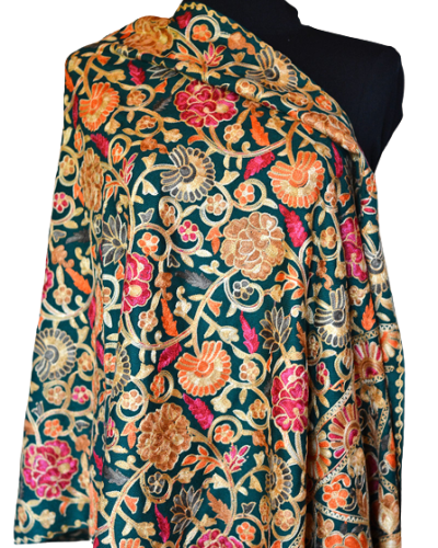 Szal z wełny kaszmirskiej wyszywany morska zieleń