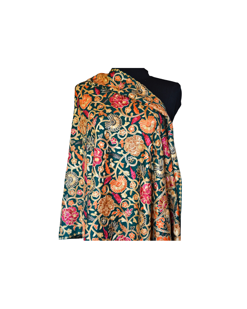 Szal z wełny kaszmirskiej wyszywany morska zieleń