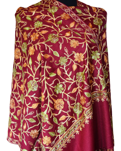 Szal z wełny kaszmirskiej wyszywany bordowy