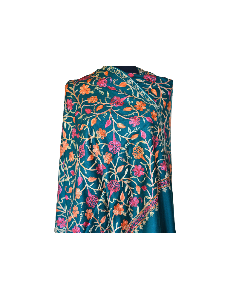 Szal z wełny kaszmirskiej wyszywany zielony