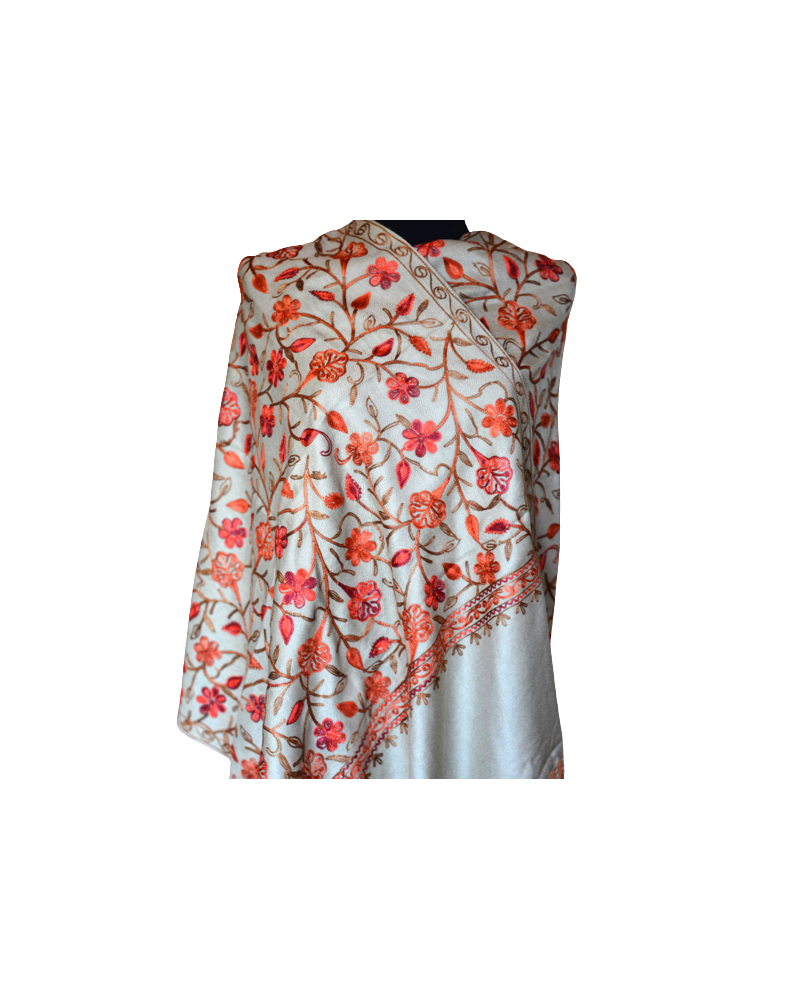 Szal z wełny kaszmirskiej wyszywany beżowy