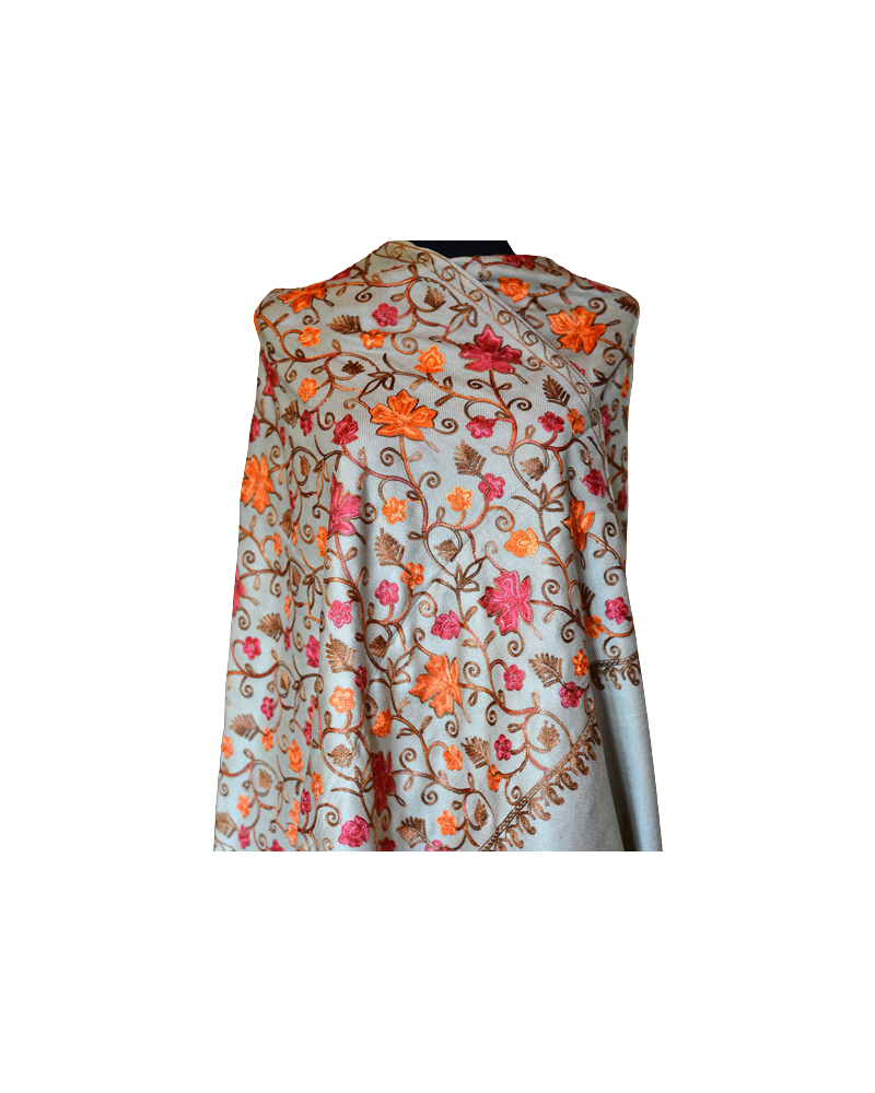 Szal z wełny kaszmirskiej wyszywany beżowy