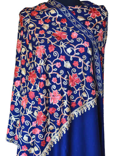 Szal z wełny kaszmirskiej wyszywany niebieski