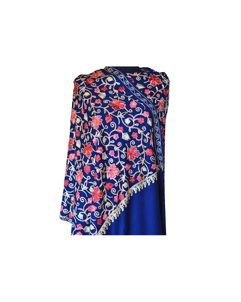 Szal z wełny kaszmirskiej wyszywany niebieski