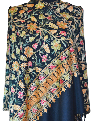 Szal z wełny kaszmirskiej wyszywany czarny