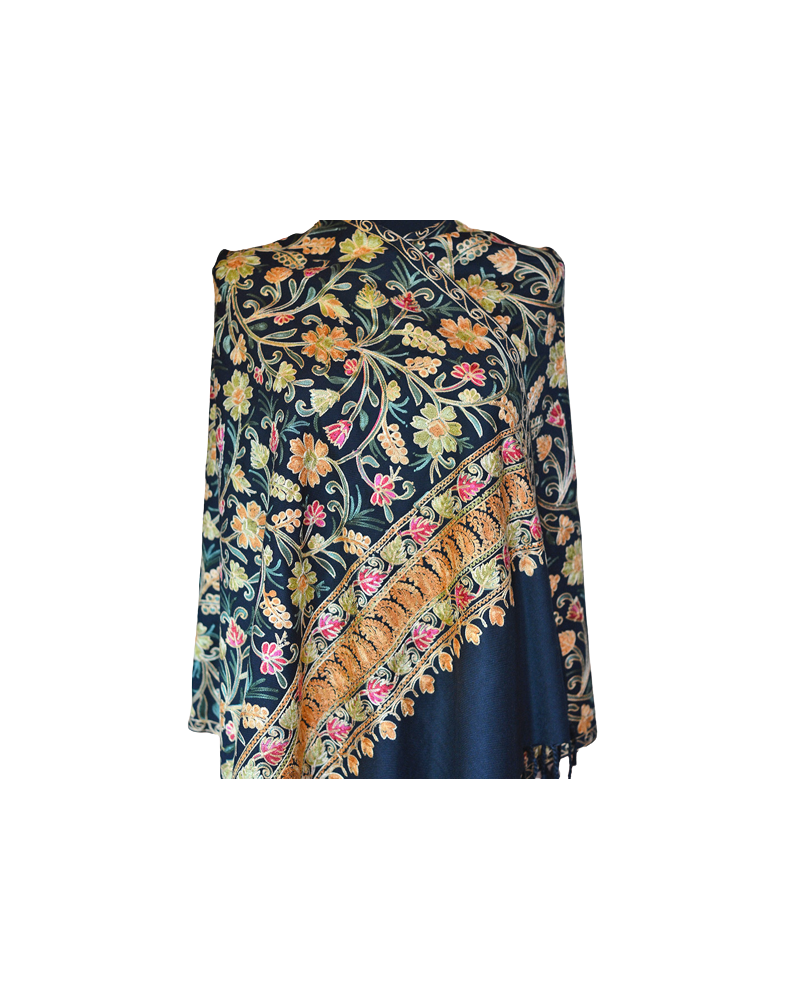 Szal z wełny kaszmirskiej wyszywany czarny