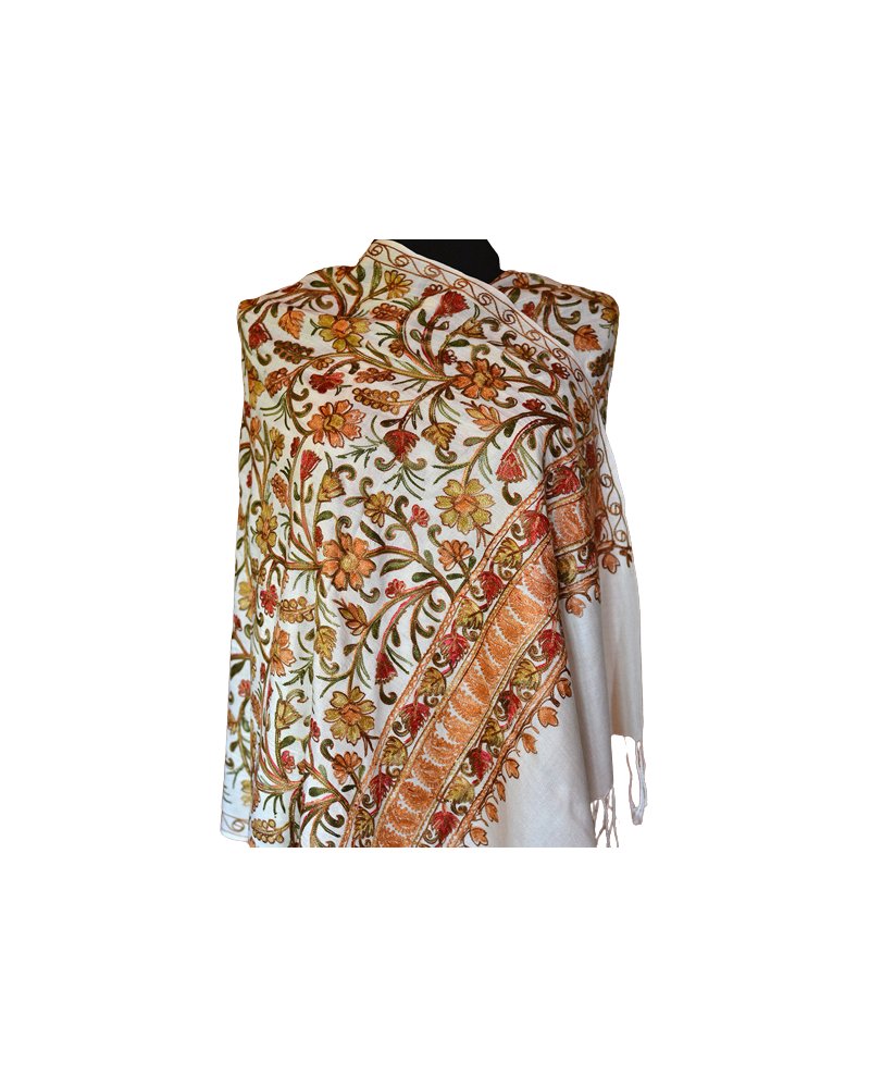 Szal z wełny kaszmirskiej wyszywany biały