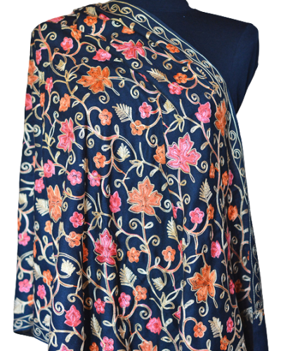 Szal z wełny kaszmirskiej wyszywany czarny