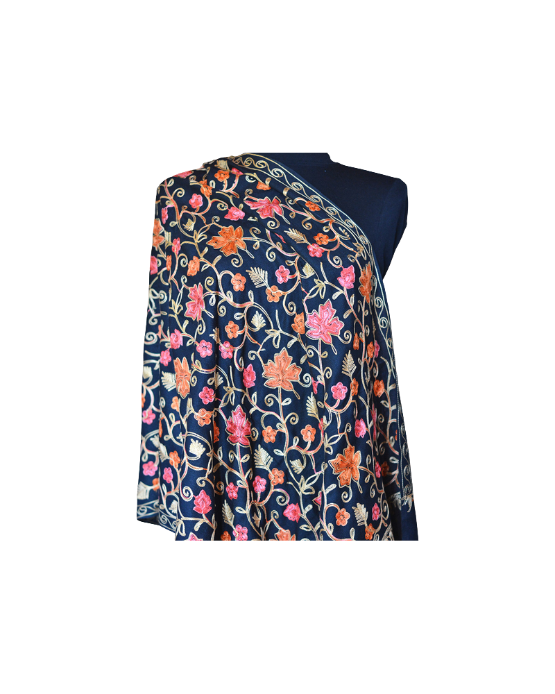 Szal z wełny kaszmirskiej wyszywany czarny