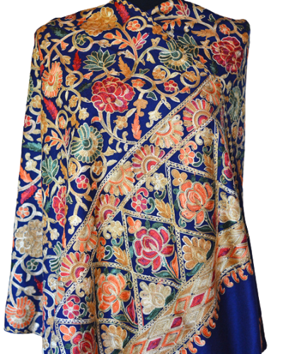 Szal z wełny kaszmirskiej wyszywany granatowy