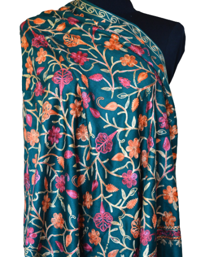 Szal z wełny kaszmirskiej wyszywany zielony