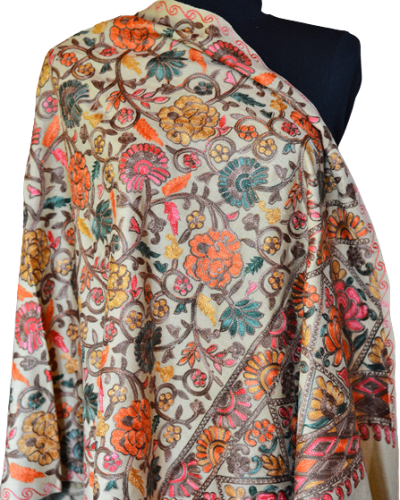 Szal z wełny kaszmirskiej wyszywany beżowy