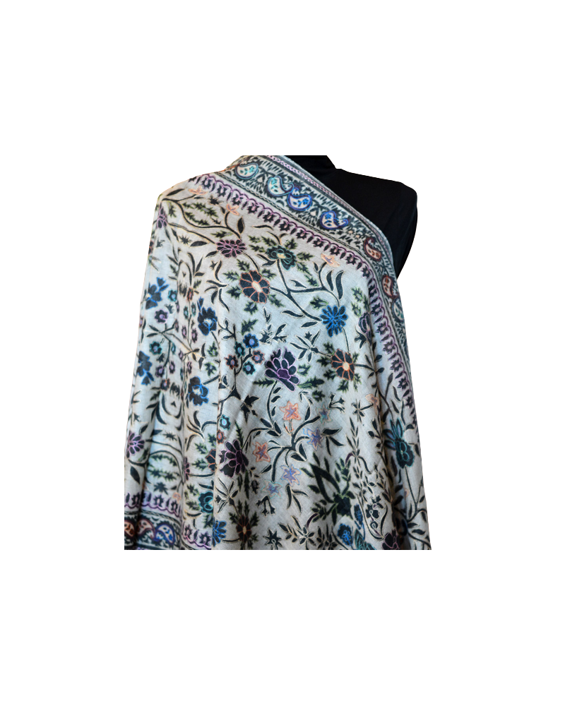 Szal z Pashminy Kalamkari ręcznie malowany i wyszywany