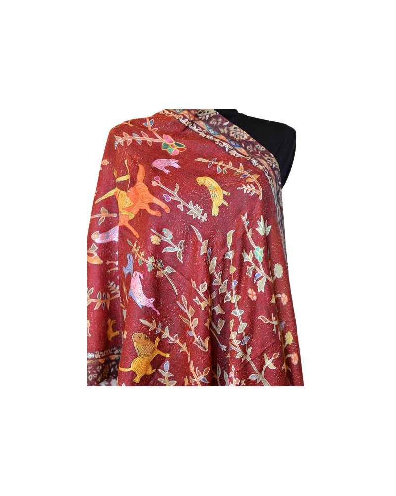 Szal z Pashminy Kalamkari ręcznie malowany i wyszywany