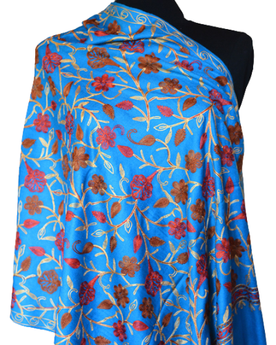 Szal z wełny kaszmirskiej wyszywany niebieski