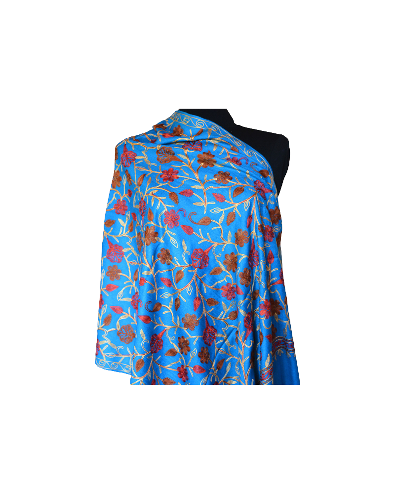 Szal z wełny kaszmirskiej wyszywany niebieski