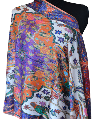 Szal Jedwabny z wełenką ze wzorem i wyszyciem delikatny Kalamkari