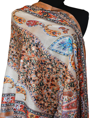 Szal Jedwabny z wełenką ze wzorem i wyszyciem delikatny Kalamkari