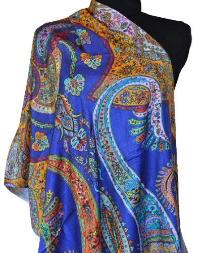 Szal Jedwabny z wełenką ze wzorem i wyszyciem delikatny Kalamkari