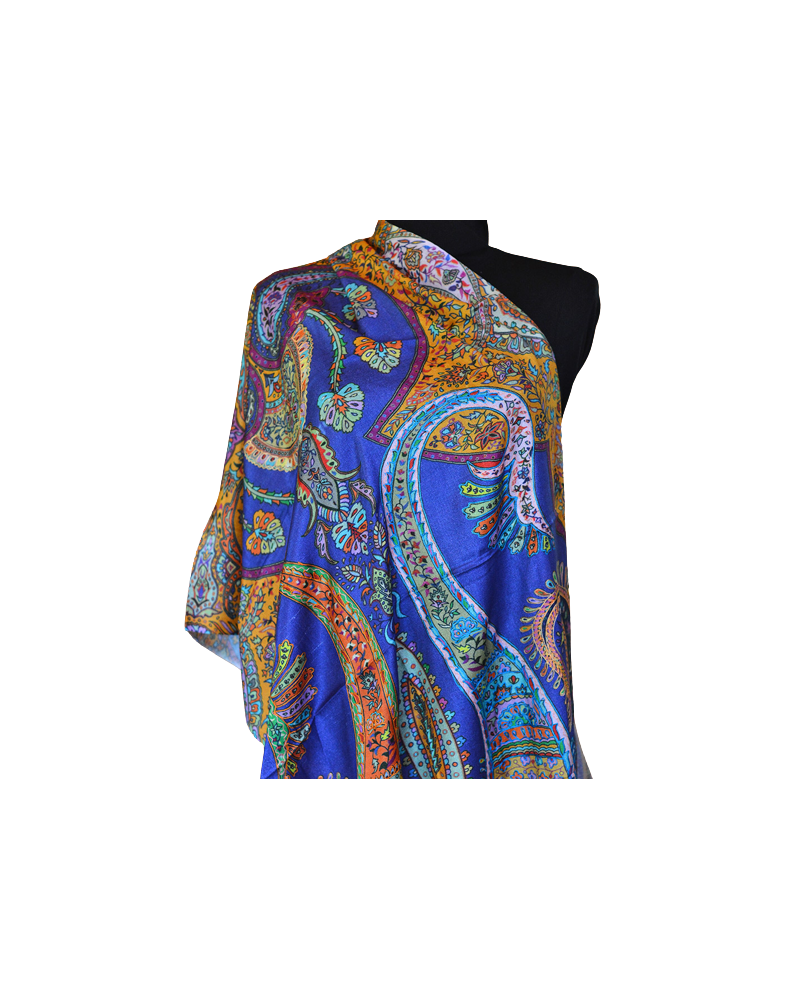 Szal Jedwabny z wełenką ze wzorem i wyszyciem delikatny Kalamkari