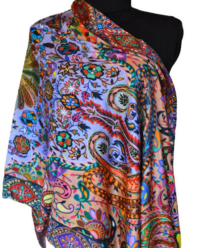 Szal Jedwabny z wełenką ze wzorem i wyszyciem delikatny Kalamkari