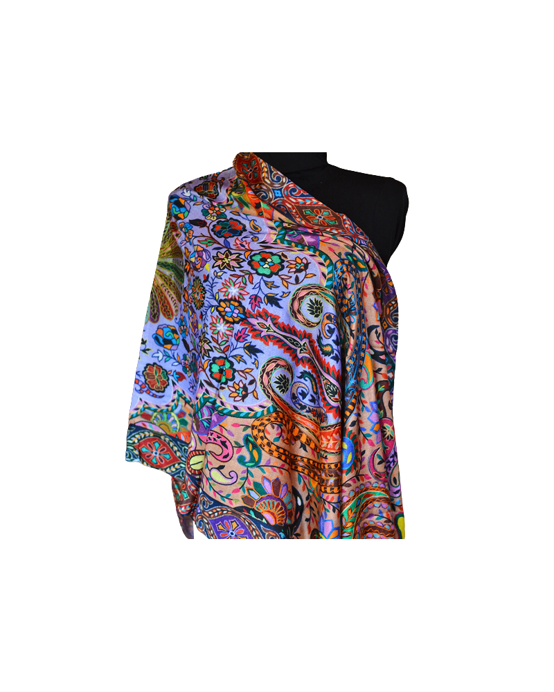 Szal Jedwabny z wełenką ze wzorem i wyszyciem delikatny Kalamkari