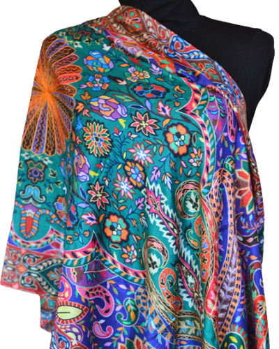 Szal Jedwabny z wełenką ze wzorem i wyszyciem delikatny Kalamkari