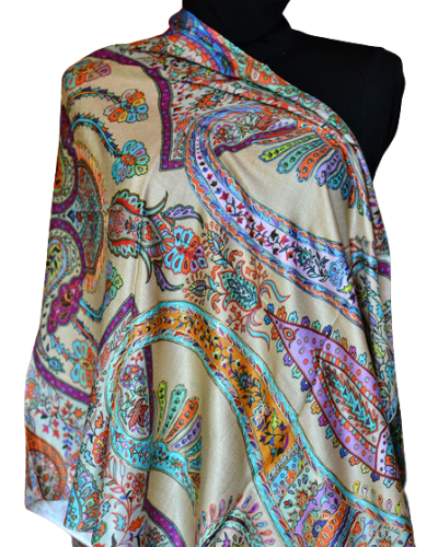 Szal Jedwabny z wełenką ze wzorem i wyszyciem delikatny Kalamkari