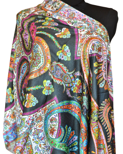 Szal Jedwabny z wełenką ze wzorem i wyszyciem delikatny Kalamkari