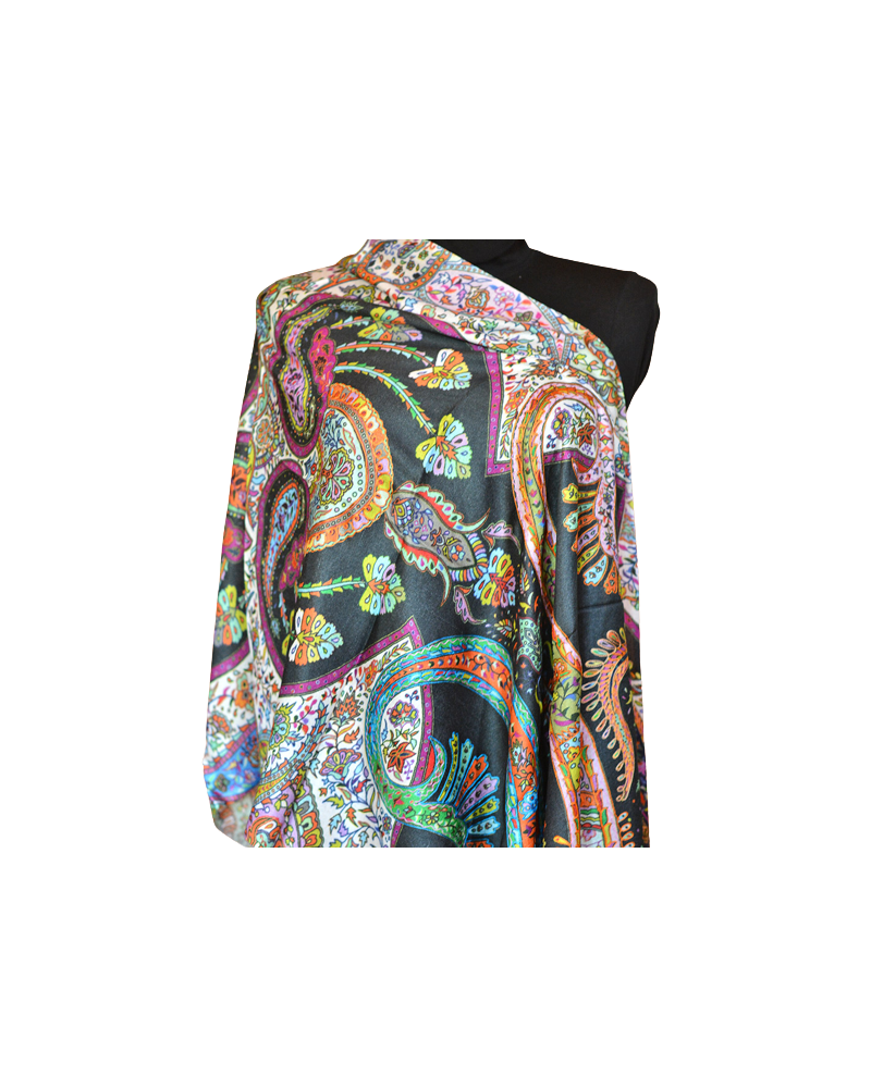 Szal Jedwabny z wełenką ze wzorem i wyszyciem delikatny Kalamkari