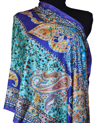 Szal Jedwabny z wełenką ze wzorem i wyszyciem delikatny Kalamkari