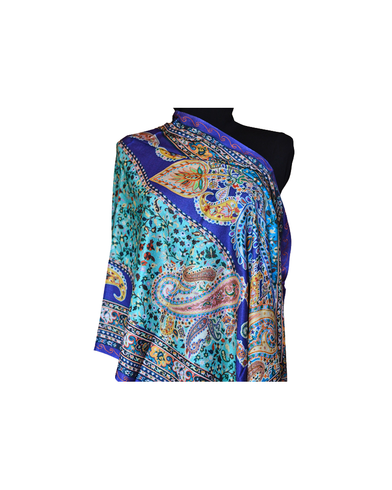 Szal Jedwabny z wełenką ze wzorem i wyszyciem delikatny Kalamkari