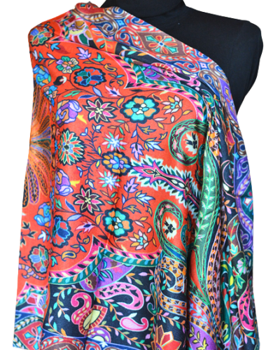 Szal Jedwabny z wełenką ze wzorem i wyszyciem delikatny Kalamkari