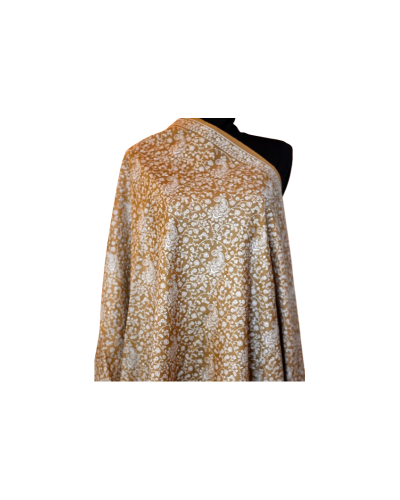 Szal z paszminy kaszmirskiej Sojni wyszywany miodowy