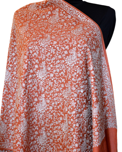 Szal z paszminy kaszmirskiej Sojni wyszywany rudy