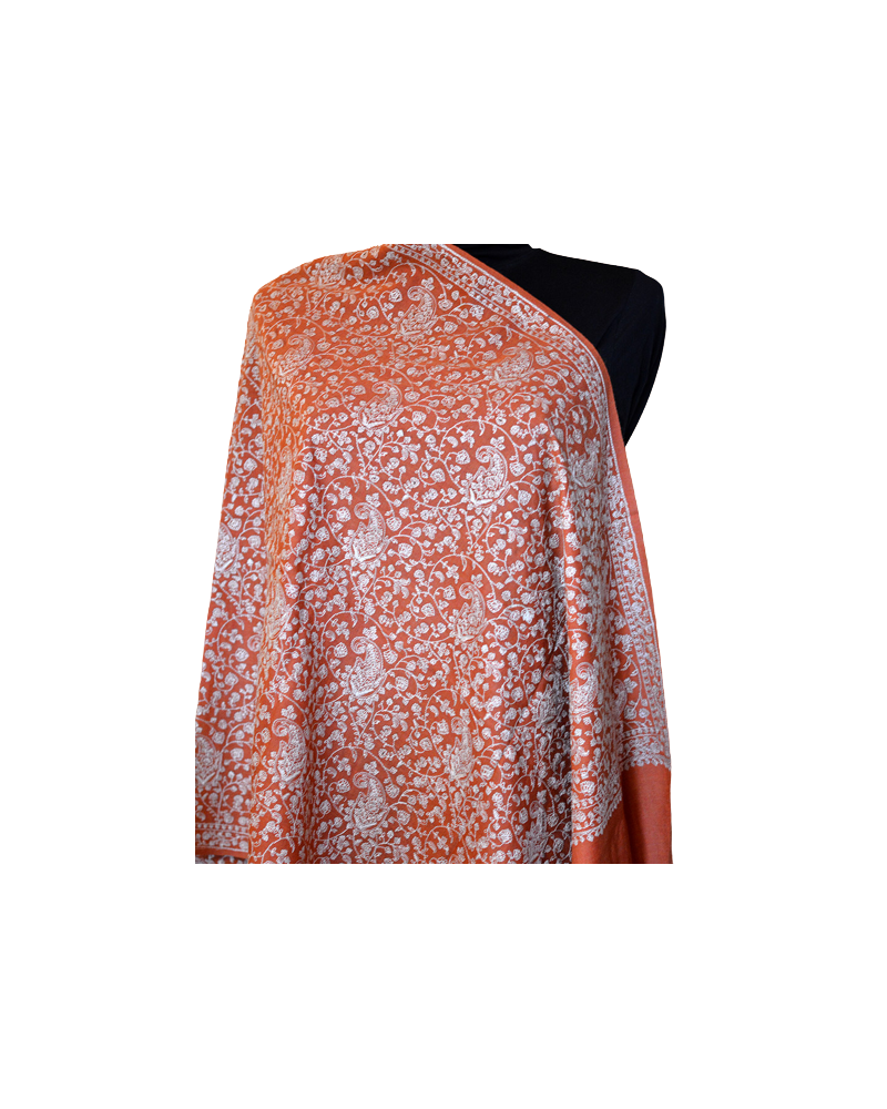 Szal z paszminy kaszmirskiej Sojni wyszywany rudy